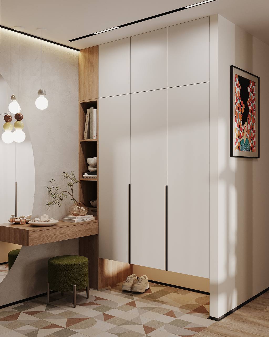 Custom wardrobe, hallway cabinetry, matte white finish, hidden handles, integrated vanity, wood shelving, decorative lighting, textured wall, modern storage, compact layout, built-in niche, designer stool, earthy tones, geometric floor tiles, vertical cabinets, floating design, cozy corner, minimal aesthetic, soft lighting, premium materials.